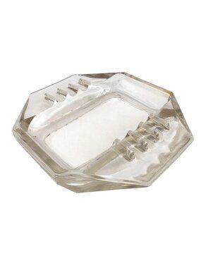 Vintage Clear Glass Octagonal Ashtray With Ribbed Sides And Rectangular Basin